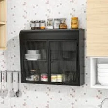 VYNXARIA 2-Door Wall-Mounted Metal Storage Cabinet with Tempered Glass Doors ̈C Stylish Storage for Kitchen