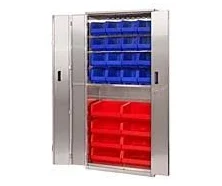 Heavy Duty Stainless Steel Bi-Fold Door Cabinets W Plastic Bins - 36 x 78 x 18